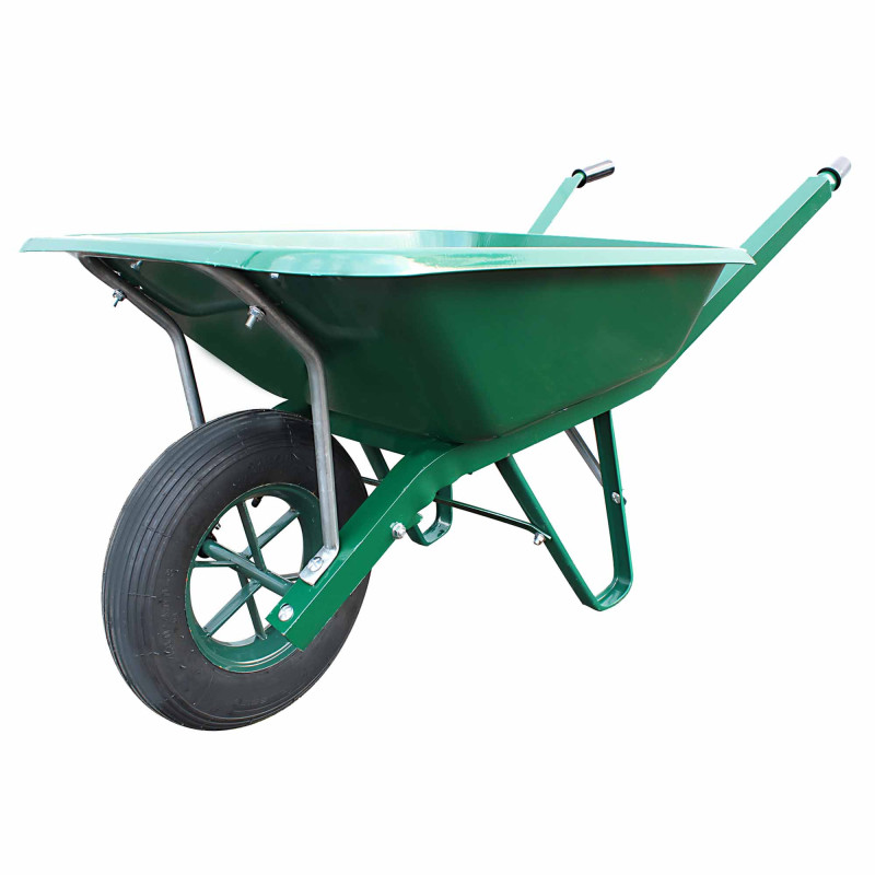 BROUETTE VERTE CORNIERE ROUE GONFLABLE 100L COUSSINET FONTE  RENFORT SOUS COFFRE CHARGE 250Kg