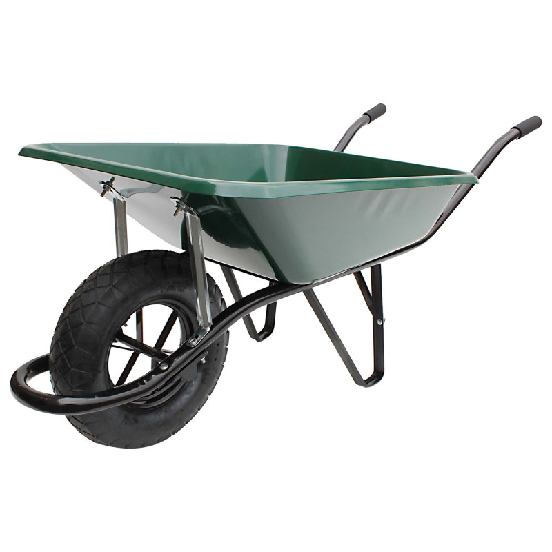 BROUETTE VERTE ROUE GONFLABLE 90L COUSSINET FONTE ARCEAU DE BASCULEMENT CHARGE 160Kg